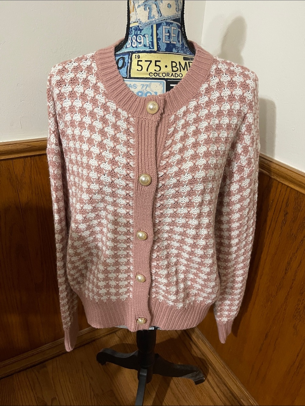 Dokotoo Women's Pink and White Knit Cardigan Sweater